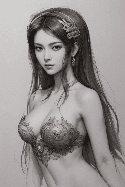 AI generated: sumi-e, ink painting, sketch of a beautiful korean goddess, in the style of luis royo, in the style ...