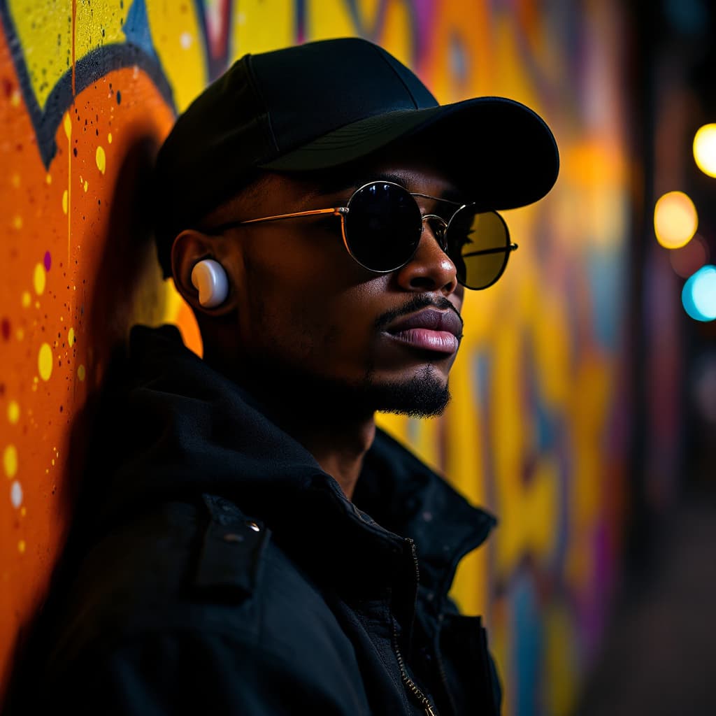 AI generated: Cinematic portrait of a confident young man wearing a black baseball cap and a stylish urban jacket....