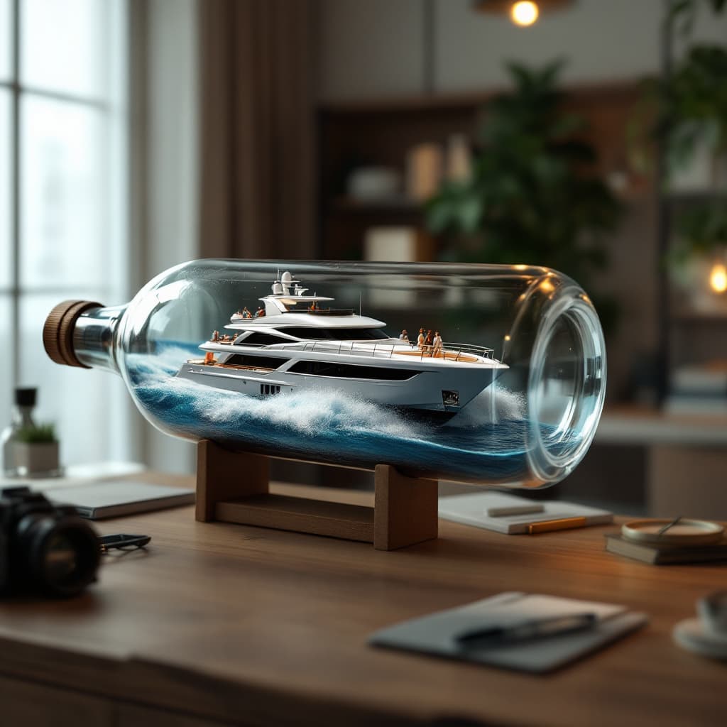 AI generated: A realistic ship in a bottle, featuring a luxury super yacht scene. The yacht is busy with a few peo...