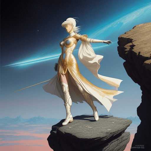 AI generated: an image of a woman on top of a rock, in the style of colorful moebius, cyberpunk manga, white and g...