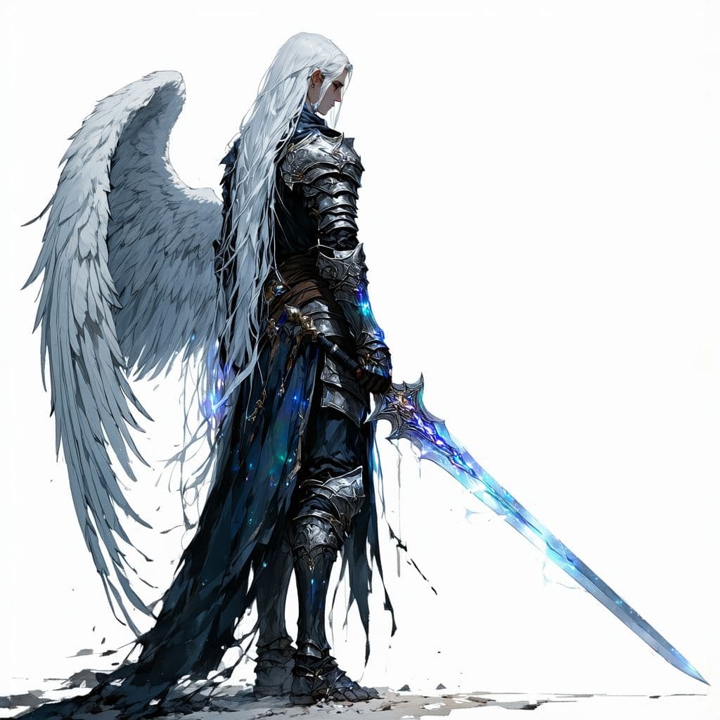 AI generated: A young androgynous warrior with bone-white skin and long white hair cascading like frozen silk, sta...