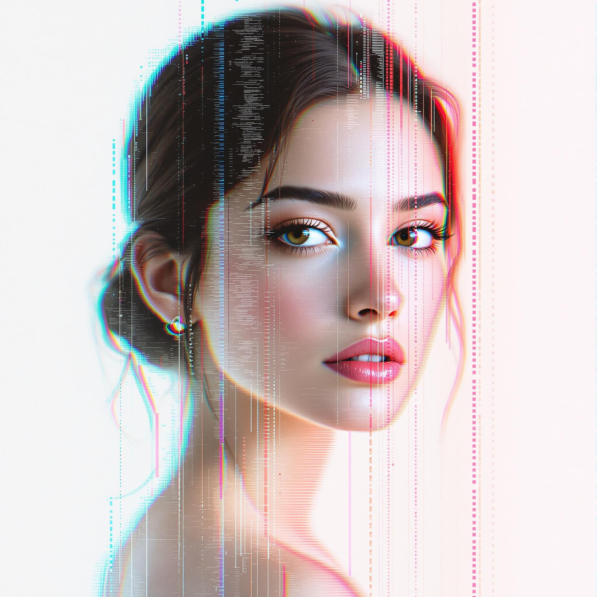 AI generated: glitch art portrait, single woman with clearly defined edges, gaze, pure white background, clean min...