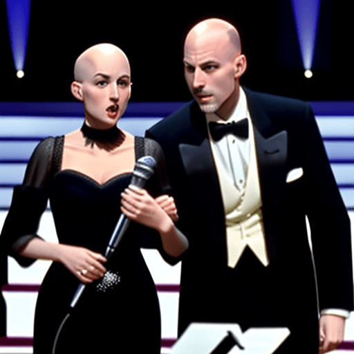 AI generated:  Color photo of a bald man in his mid-50s in a tuxedo on stage in a big hall during award-announcing...