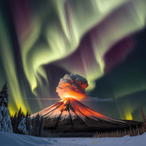 AI generated: High resolution photography Hyper realistic of volcano erupting, in snowy northern landscape, aurora...