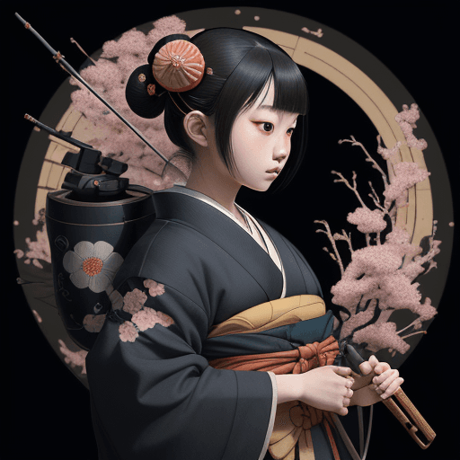 AI generated: A Japanese girl  at the center of the work with elements from Hokusai's paintings, along with all th...