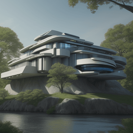 AI generated: an artist's rendering of a futuristic mansion on top of a hill, overlooking a river, surrounded by t...