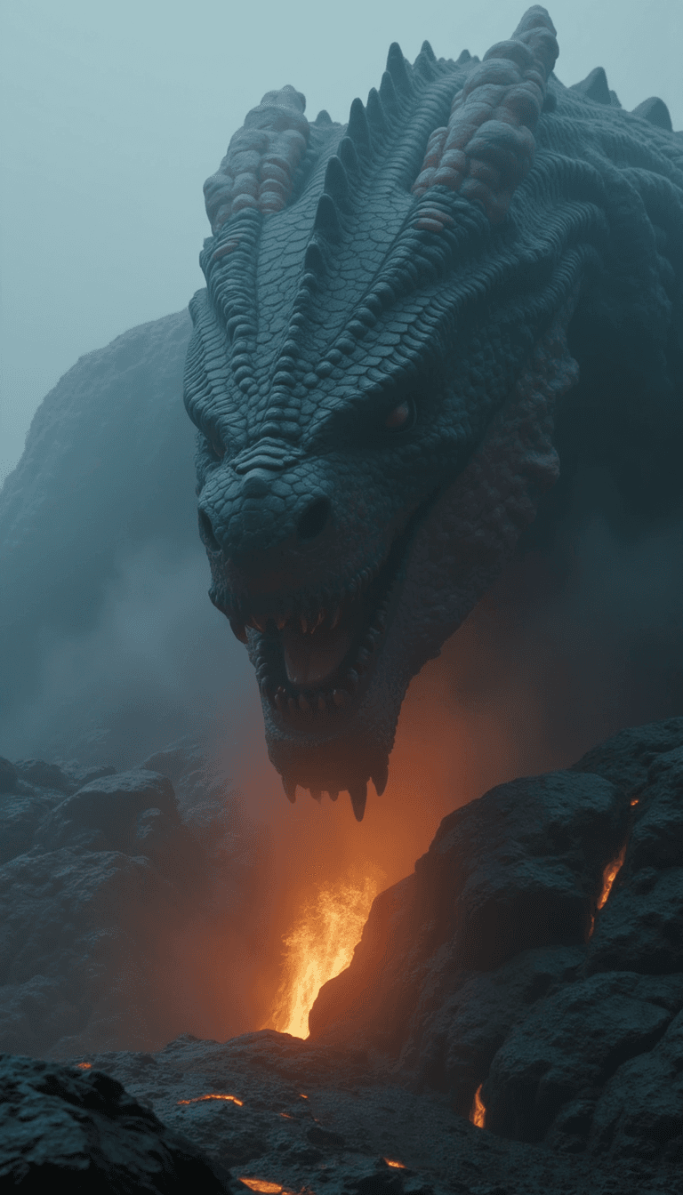 AI generated: A cinematic movie still of an epic giant dragon head with the face of greatness. The weather is fogg...