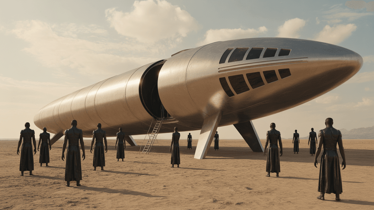 AI generated: A cigar shaped alien spaceship landing with a group of 7ft tall black people getting off, cinematic ...