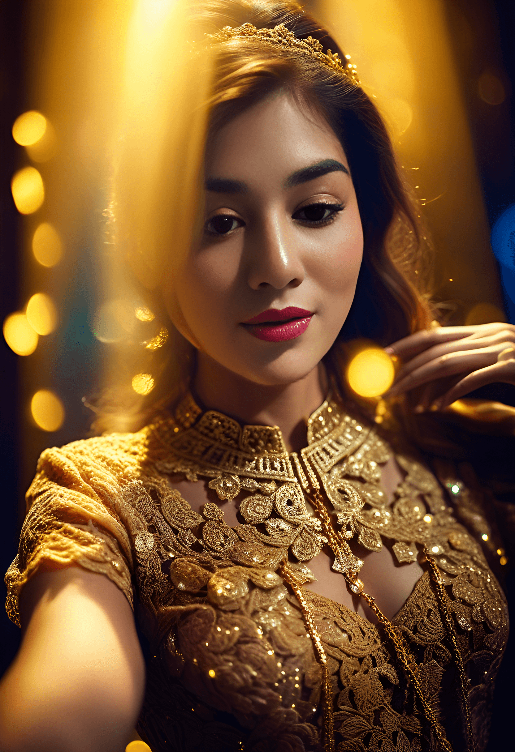 AI generated: blond woman with short hair, gold lace dress, gold necklace, large particles, cinematic lights, volu...