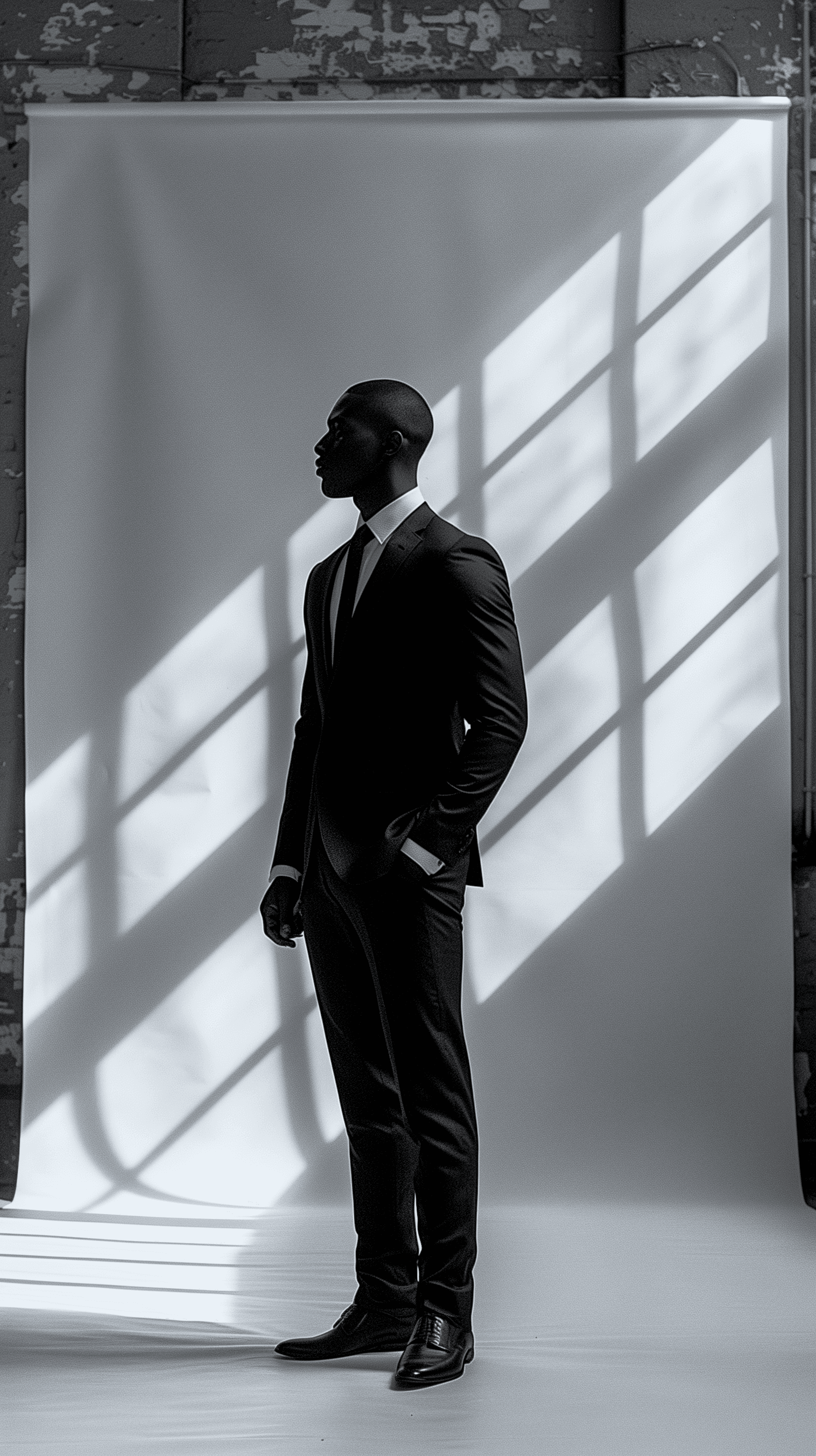 AI generated: Capture a male model's silhouette, white backdrop in photo studio, strong backlit lighting creating ...