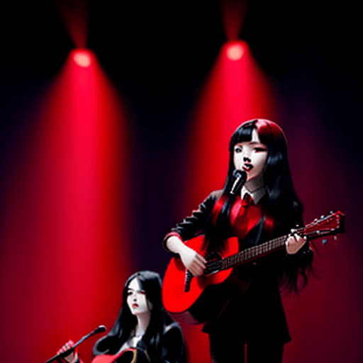 AI generated: the first girl, with black long hair sings, the second girl, with red hair, plays guitar, they are d...