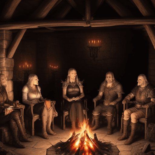 AI generated: people sitting around fire and speak about old legend and their faces are full of fear middle age fa...