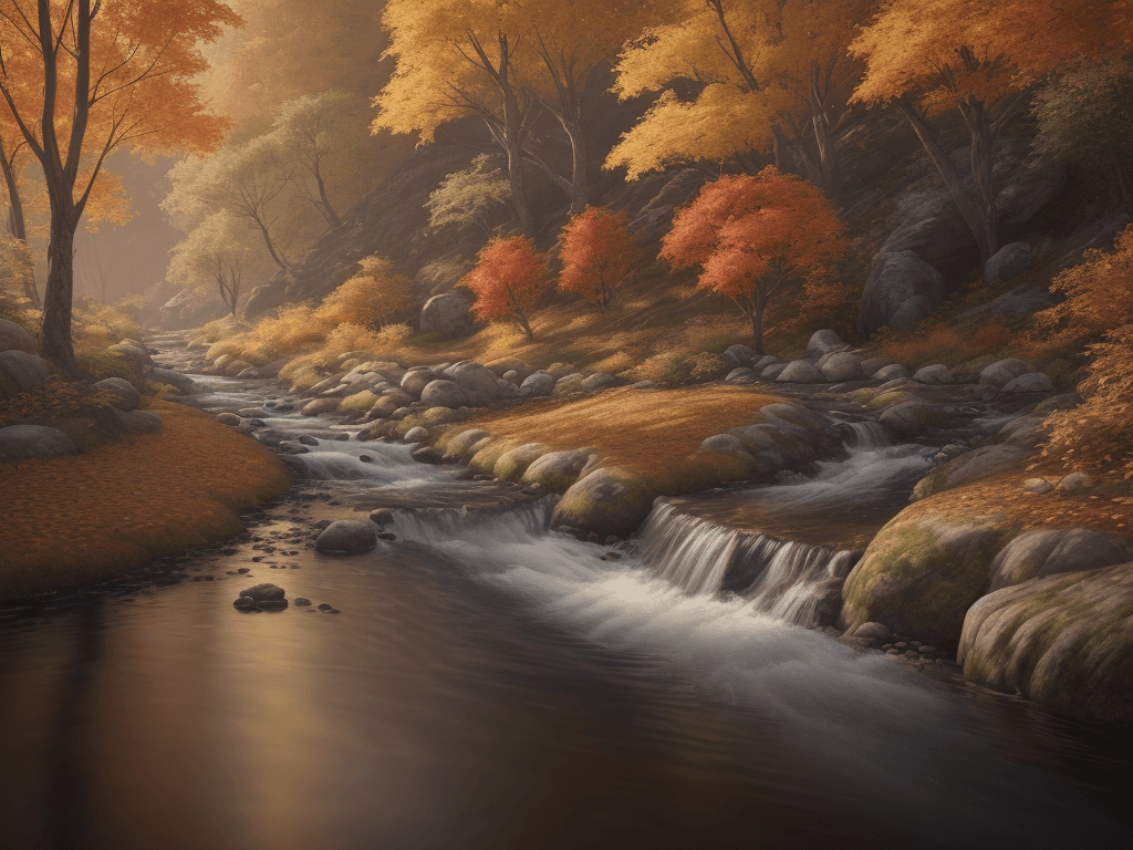 AI generated: photorealistic oil on canvas, 
small hills, flowing river, trees,
beautiful setting, fall,
Foregroun...