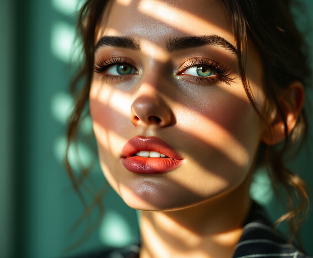 AI generated: Close-up portrait of a woman illuminated by soft, warm afternoon light streaming through window blin...