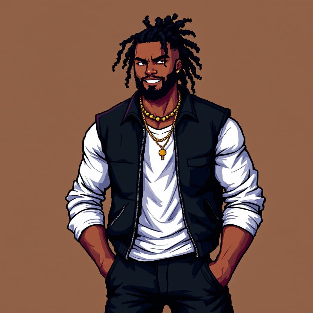 AI generated:  pixelated art style from the NES era  of a black male with an Espresso skin tone with  locs in a po...