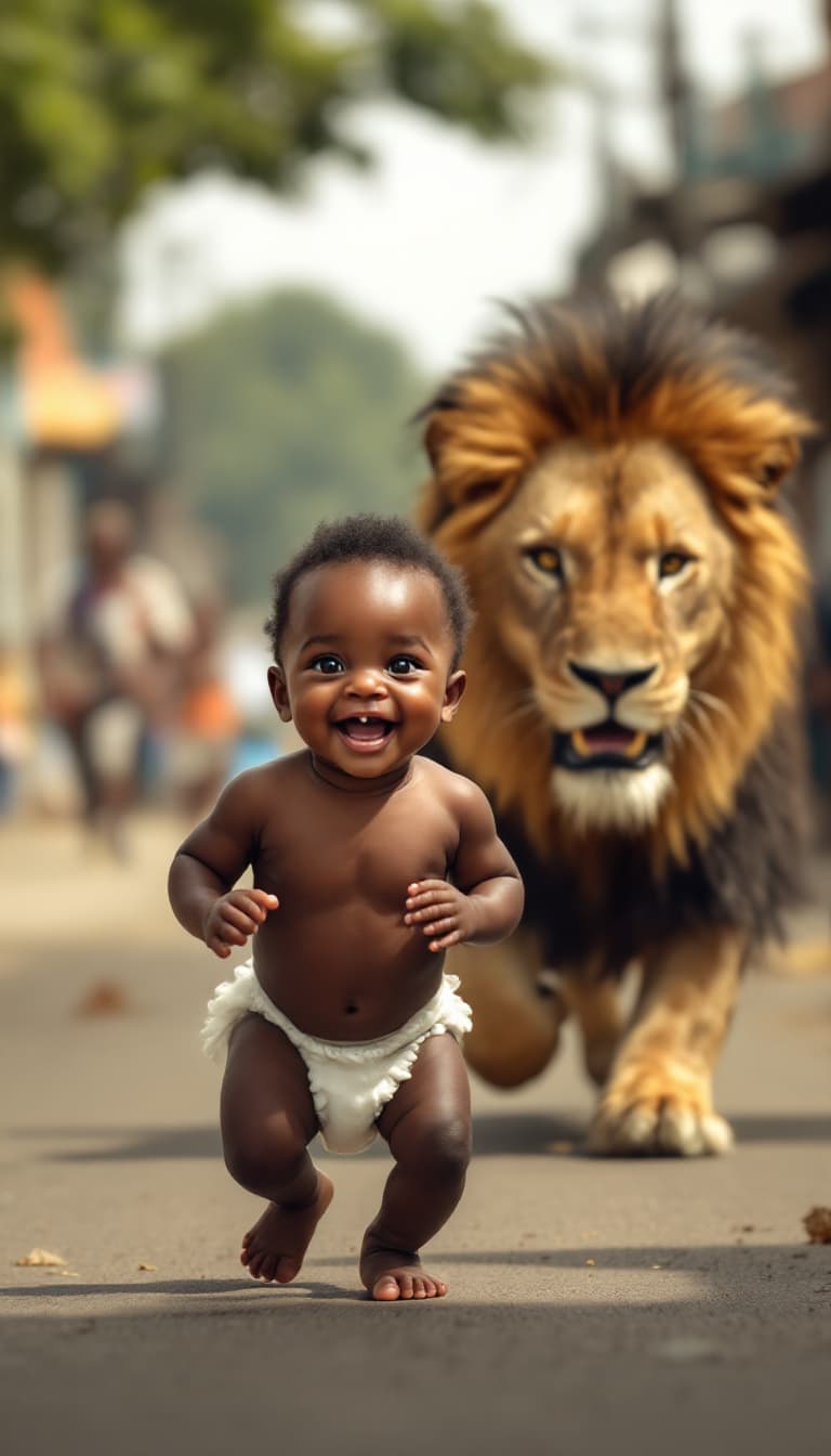 AI generated: A hyper-realistic dark-skinned baby, around 12 months old, wearing only a diaper, joyfully walking d...