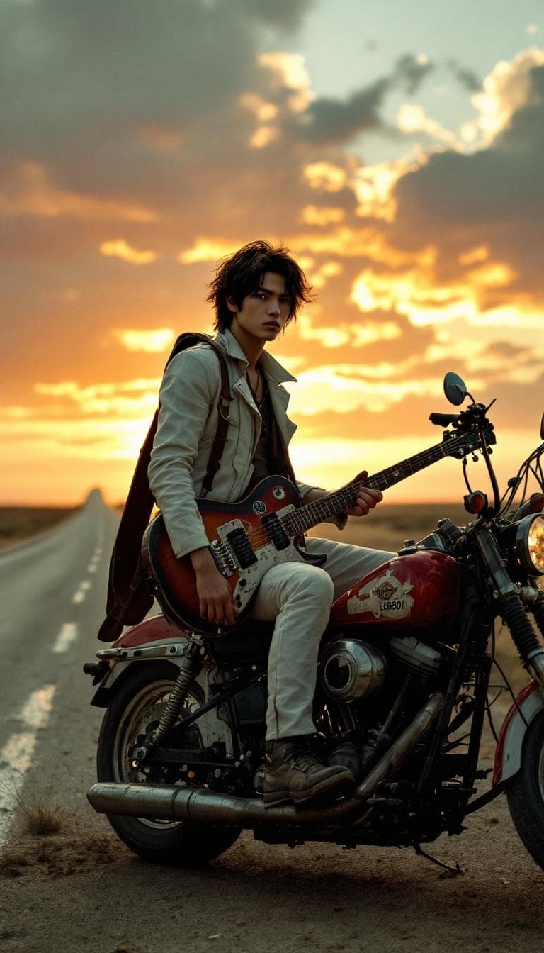 AI generated: A solitary Asian guitarist stands on a desolate, windswept plain, beside a long road that stretches ...
