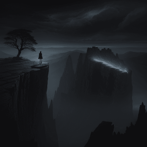 AI generated: mysterious and cinematic landscape featuring a lone figure standing on a cliff overlooking a dark an...