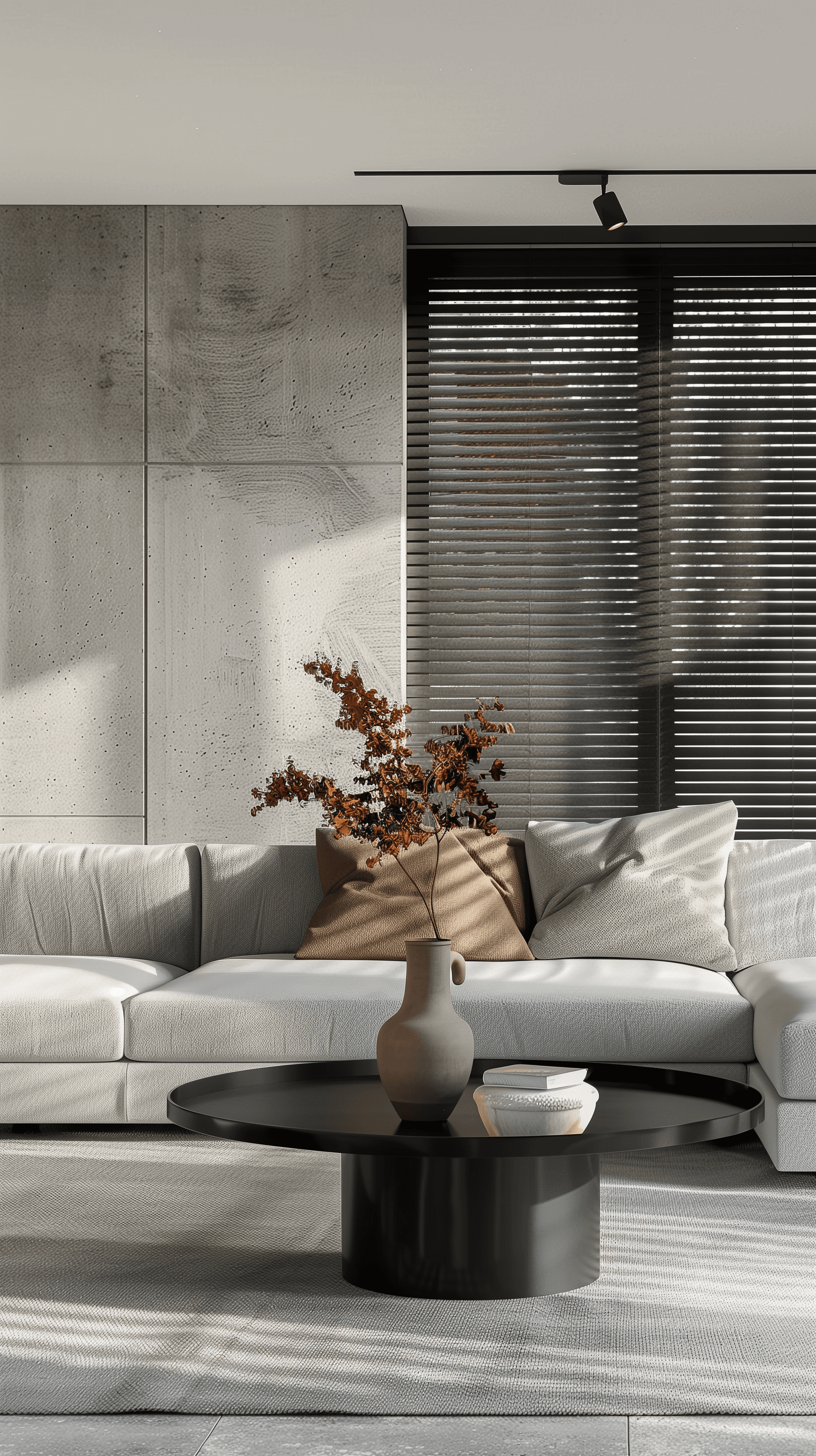 AI generated: family lounge area that exudes comfort and style, soft gray sectional sofa centered around a minimal...