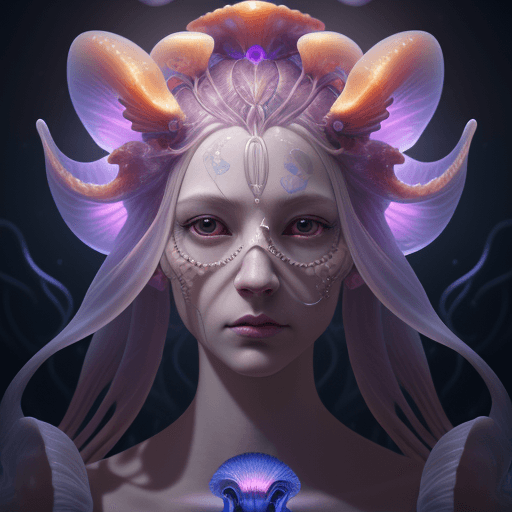 AI generated: Goddess close-up portrait ribcagel. jellyfish phoenix head, nautilus, orchid, skull, betta fish, bio...