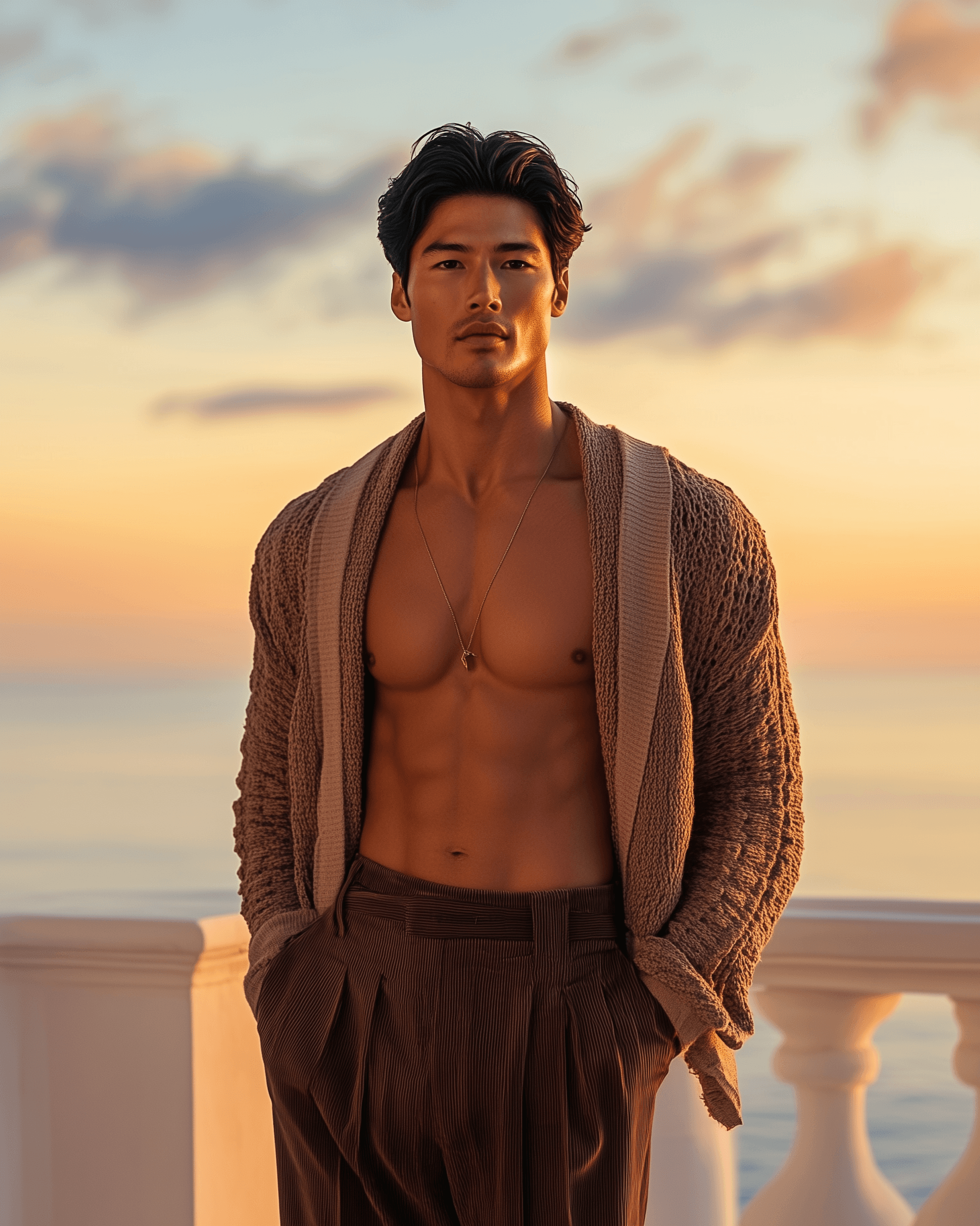AI generated: A handsome male model with tan skin and black hair, wearing an open brown sleeveless cardigan over h...