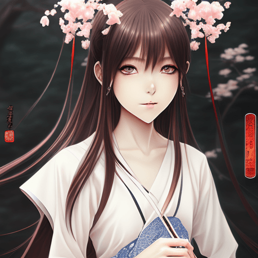 AI generated: anime girl in full white outfit holding Japanese tshirt and wearing black skirt, in the style of tra...