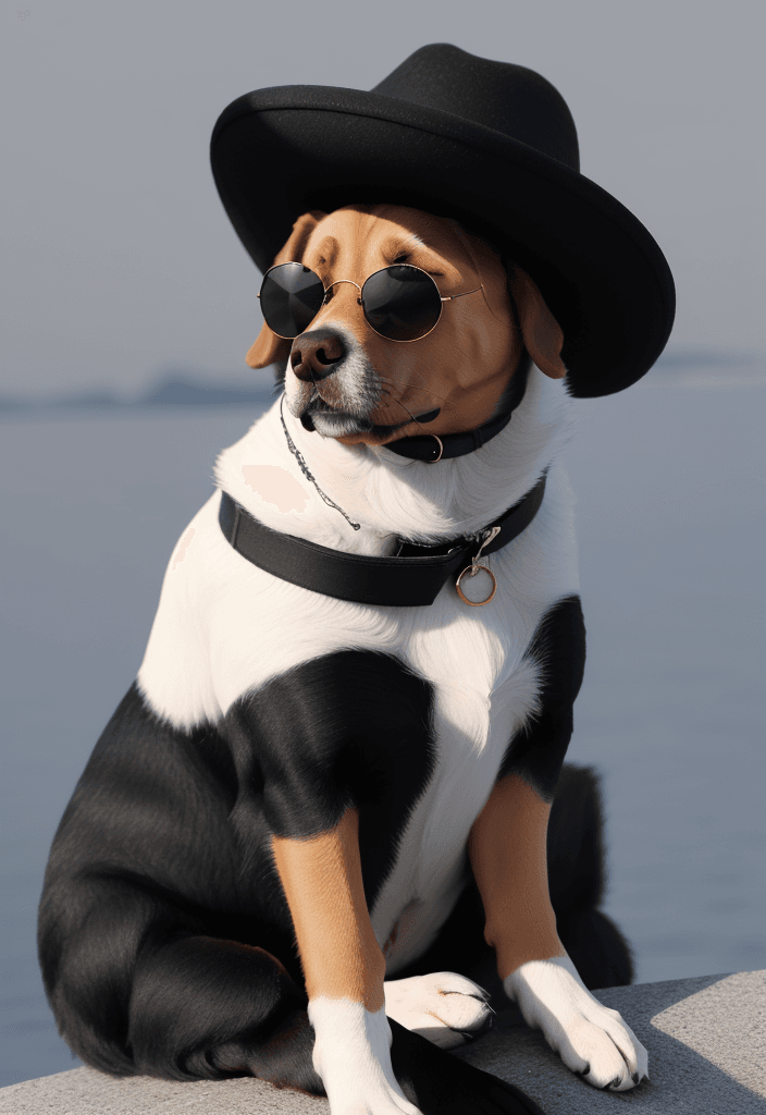 AI generated: the dog is sitting, wearing sunglasses and a black hat
