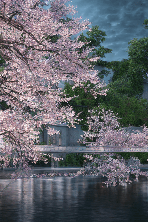 AI generated: white cherry trees blooming at twilight, lilly pond, elegant bridges, water falls, cgsociety 3D, unr...