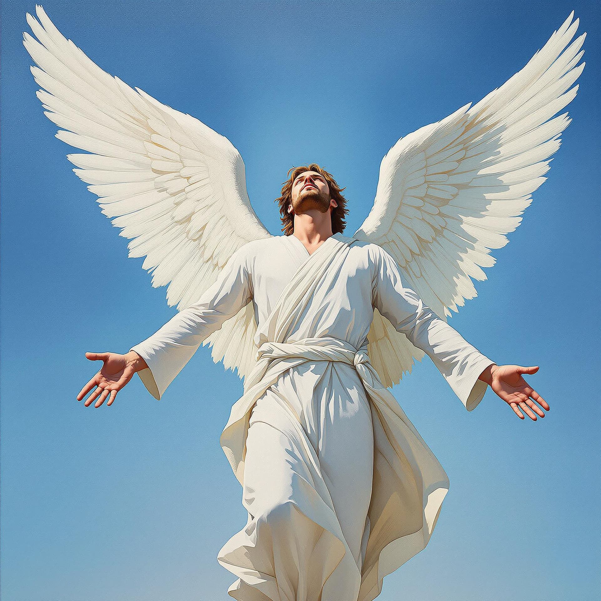 AI generated: An artist's painting of a masculine male, a strong angel, light brown hair, a clean-shaven face, arm...