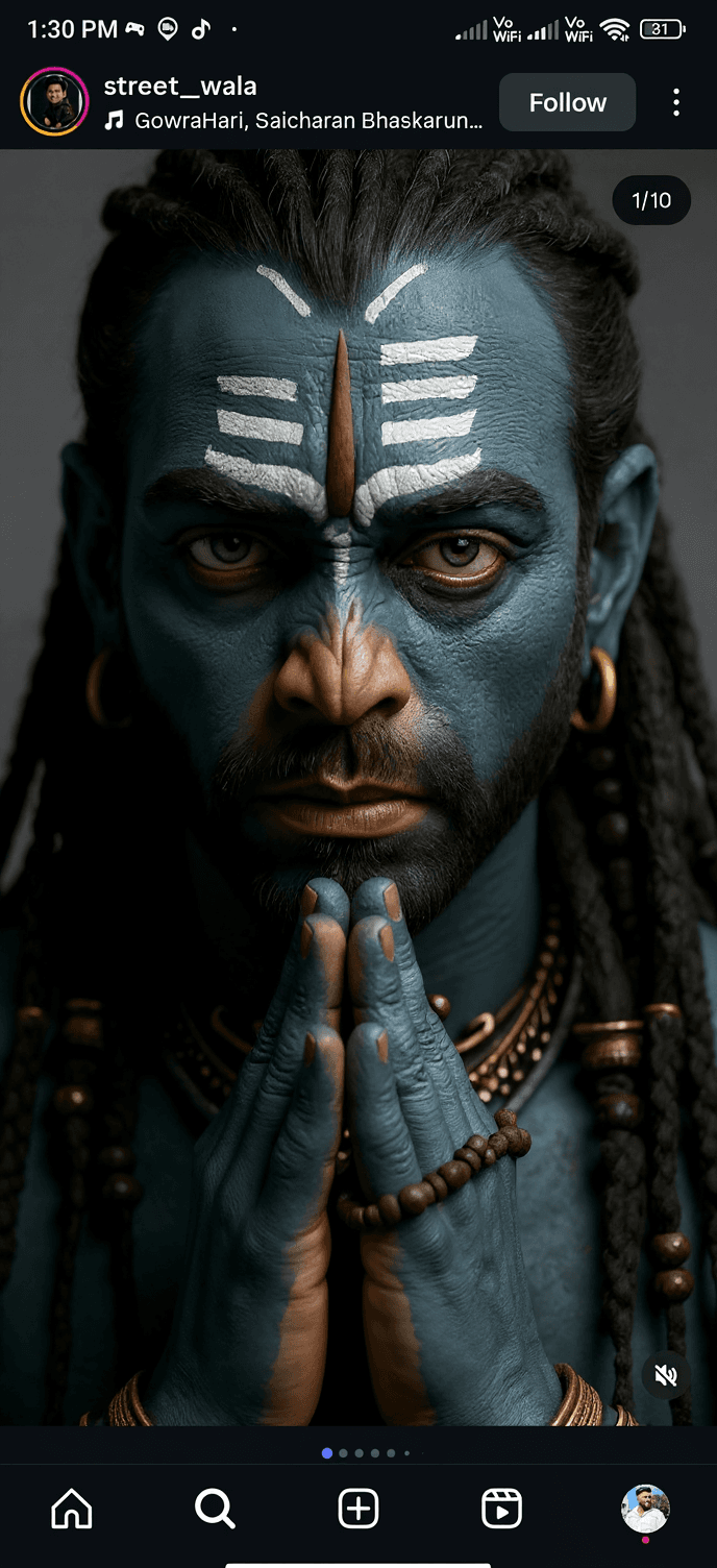 AI generated: A hyper-realistic digital artwork of a man inspired by Lord Shiva, with blue skin, intense eyes, ash...