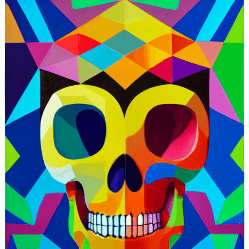 AI generated: Skull oil painting by Okuda San Miguel, Rainbow geometric architectures blend with organic shapes, P...