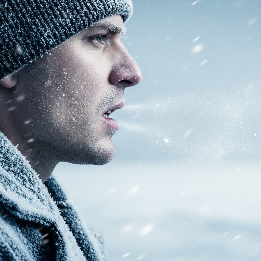 AI generated: Side profile portrait of a man standing in a snowy, wind-swept landscape. Only his jawline and mouth...