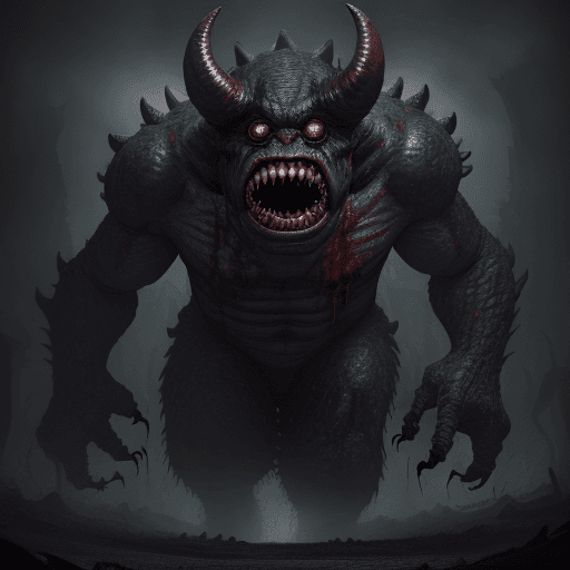 AI generated:  high quality foto of a big dark monster, moster with grimaces and big very long teeth, everywhere e...