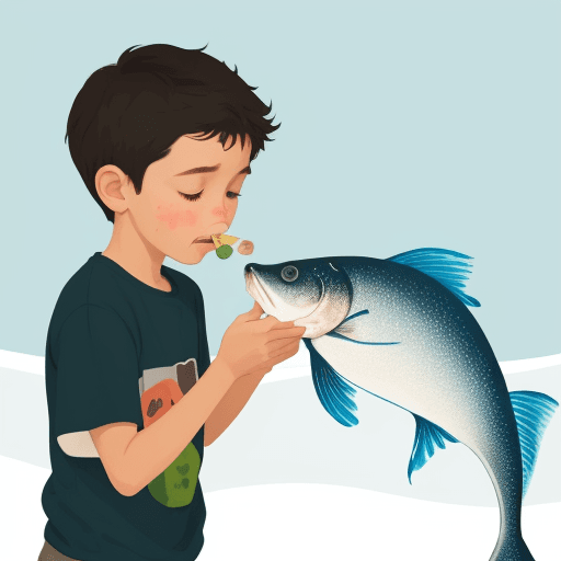 AI generated: Illustration of a boy smelling a fish
