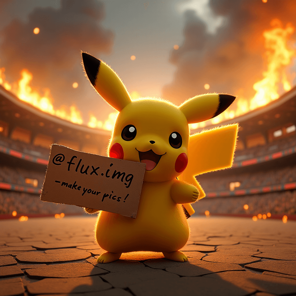 AI generated: Selfie of Pikachu in a burning battlestadium, holding a handwritten small sign that says, “@flux.img...