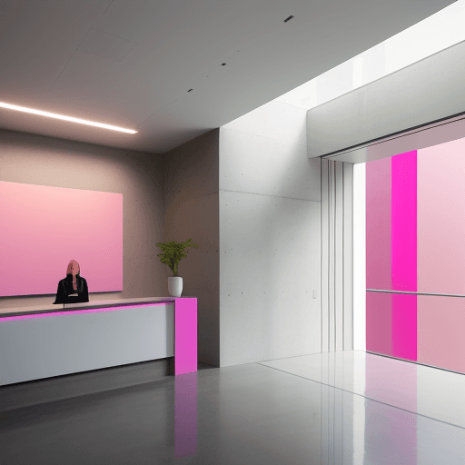 AI generated: architectural photography, perspective, interior space, vertical light panels transition from pink t...