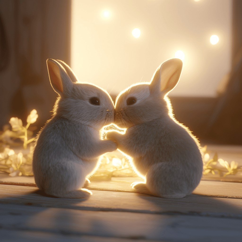 AI generated: photorealistic, cinematic lighting, two baby rabbits kissing, one is light brown, the other one is w...