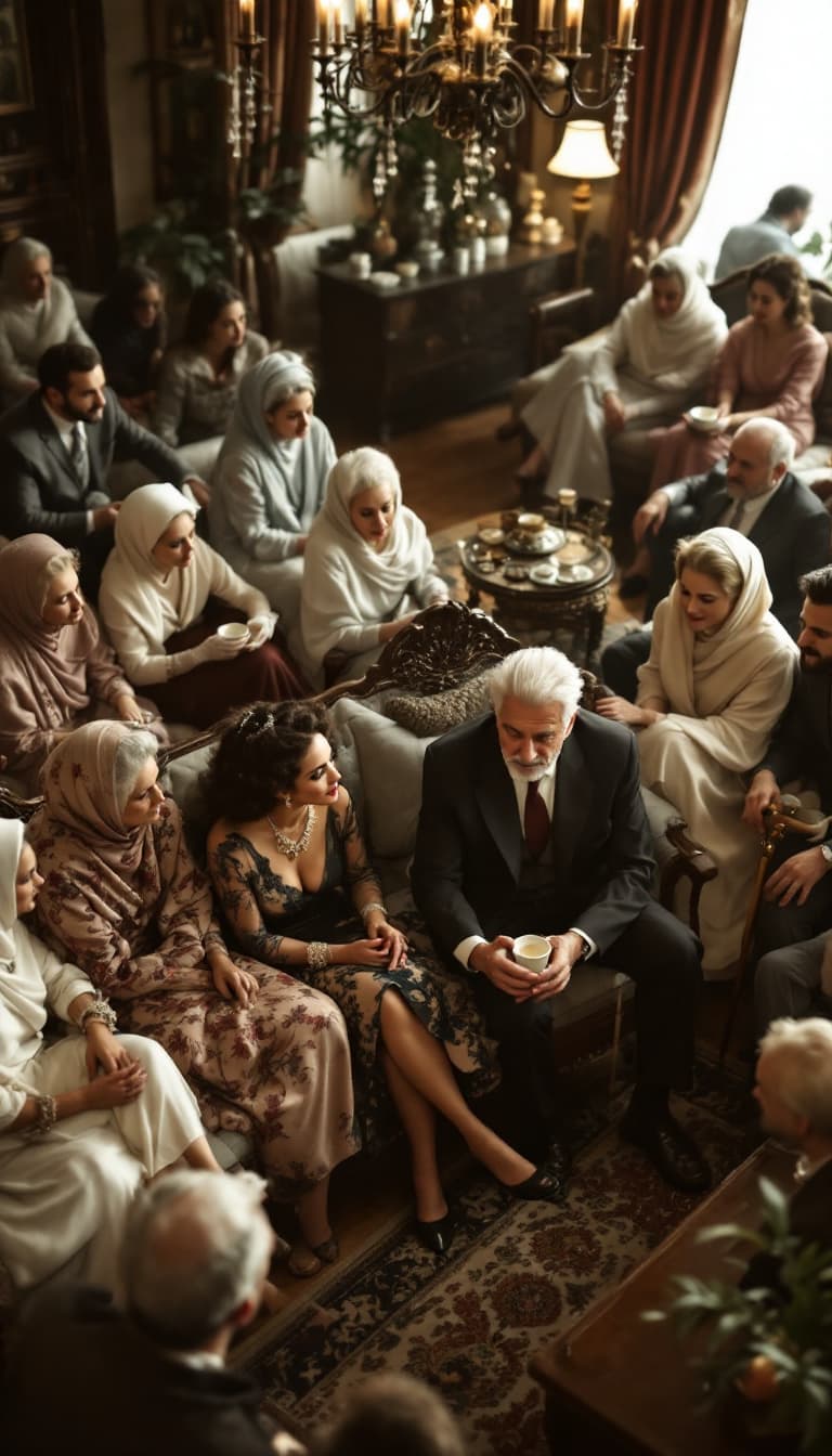 AI generated: high-angle shot of a 1950s Iranian engagement gathering in a spacious, well-decorated traditional ho...