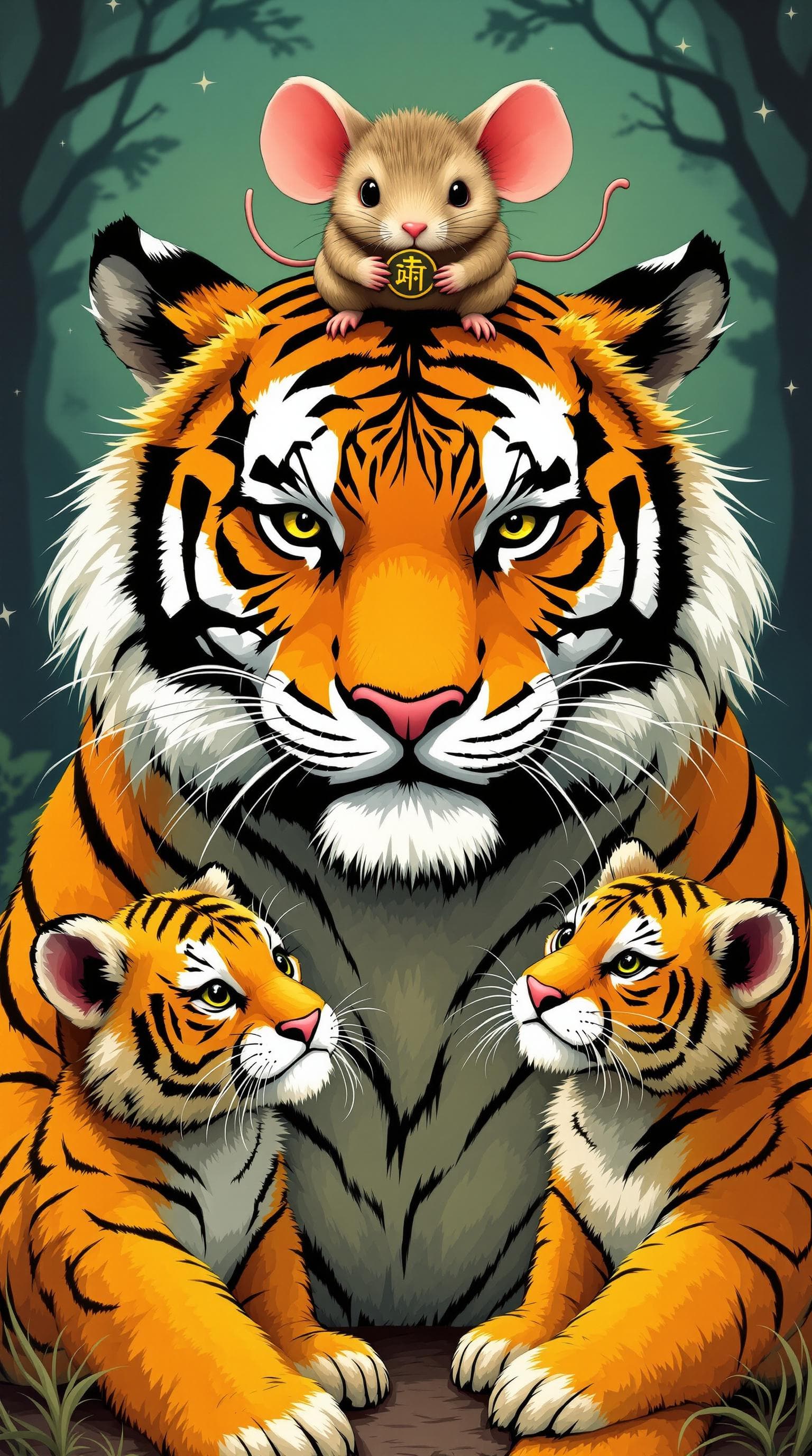 AI generated: a tiger and two tiger cubs, and a oversized mouse ,with a mouse on the tiger's head, the mouse holdi...