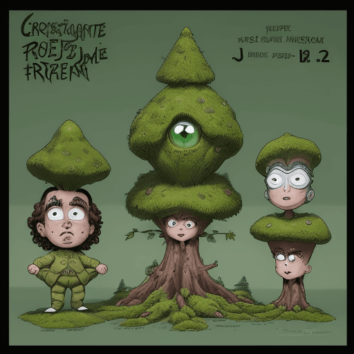 AI generated: cartoon of a funny fir tree with eyes, emphasis in facial expression, character caricatures, moss in...