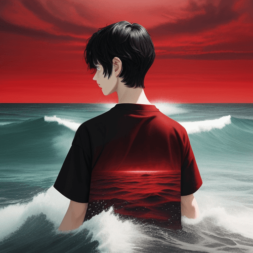 AI generated: 14 year old boy black hair behind a red ocean