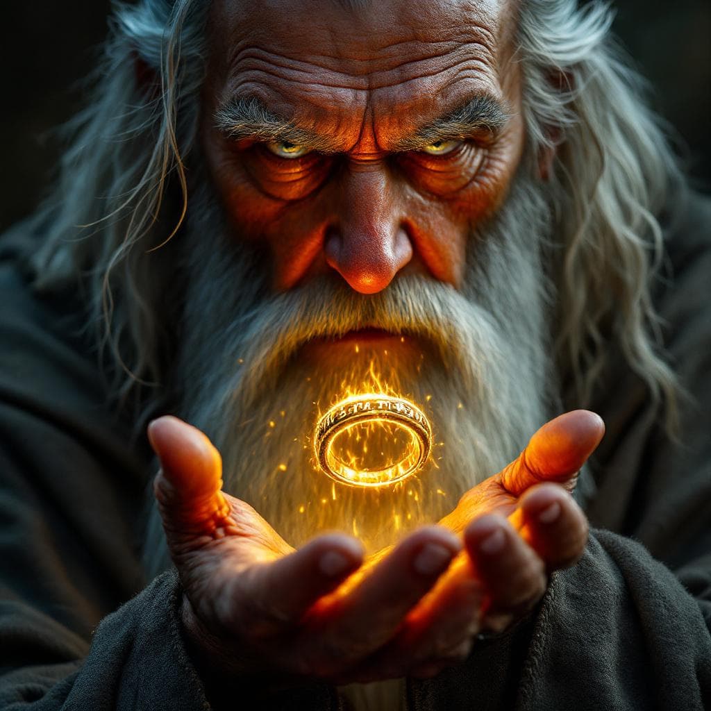 AI generated: A hyperrealistic close-up, half-figure portrait of Gandalf the Grey, his intense gaze focused downwa...