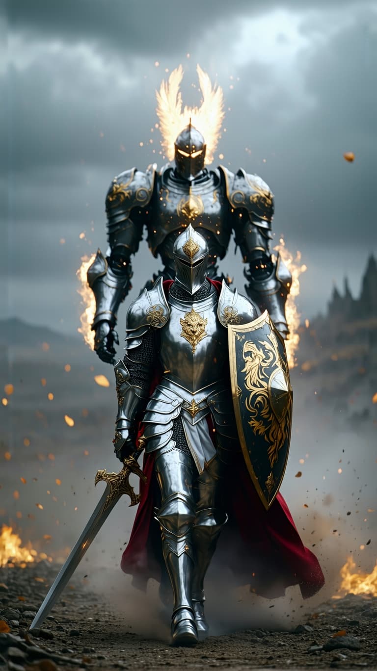 AI generated: An ultra-realistic, zoomed out, front facing, full-body portrait of a noble Paladin in gleaming silv...