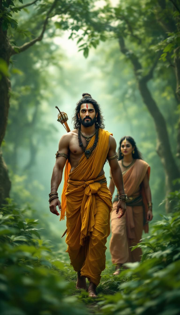 AI generated: "Lord Ram in his 14 years of exile, walking through the forest with Sita and Lakshman. He wears a si...