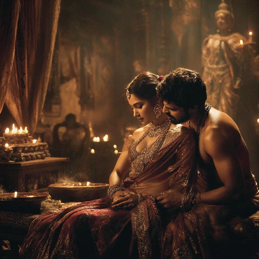 AI generated: Hyperrealistic cinematic scene of a breathtakingly voluptuous Indian queen from the Chola dynasty, s...