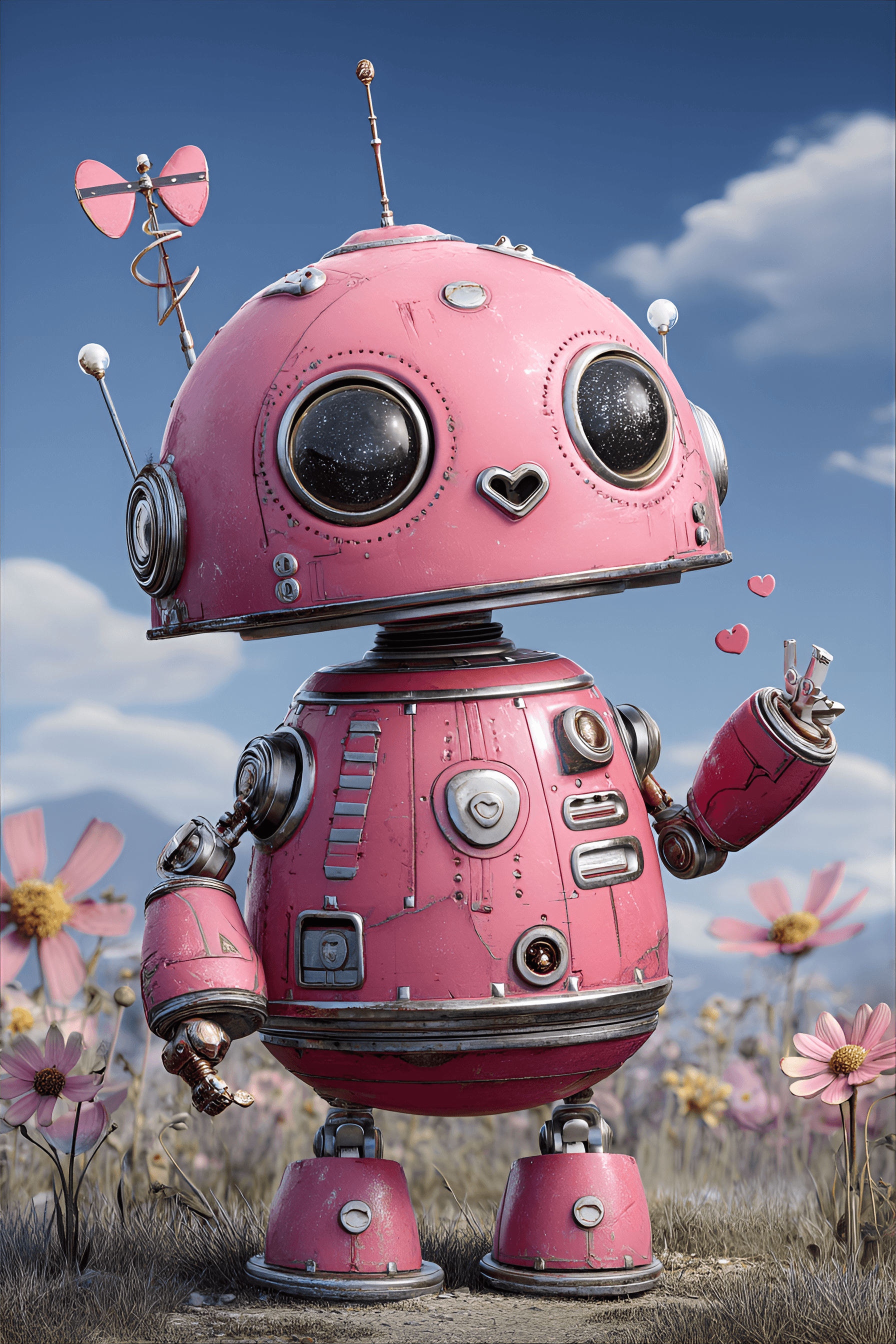 AI generated: funny caricature, cheerful robot, 2 years old, cute, curious, bubbly, round, bulbous body with exagg...
