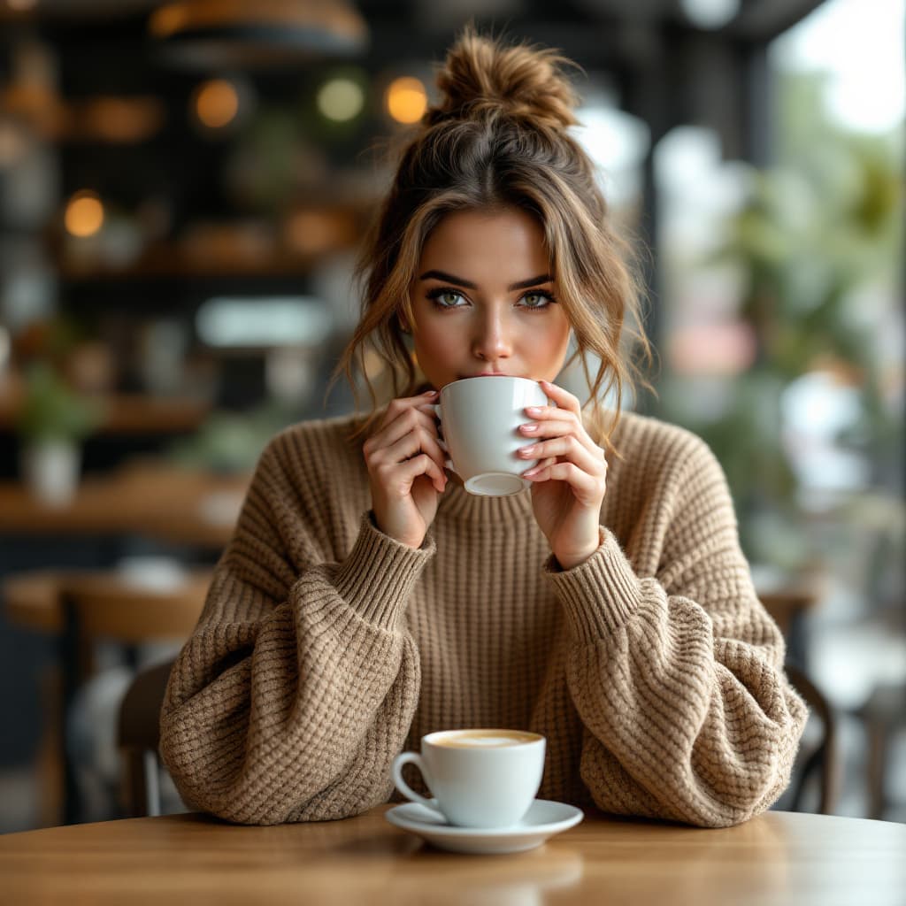 AI generated: Design a hyper-realistic scene of a stunning woman sitting at a modern coffee shop, holding a tablet...