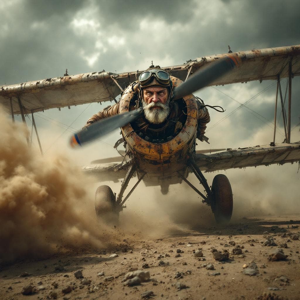 AI generated: a destroyed, rusty biplane - flying straight into the frame - flying over a barren wasteland. The pl...