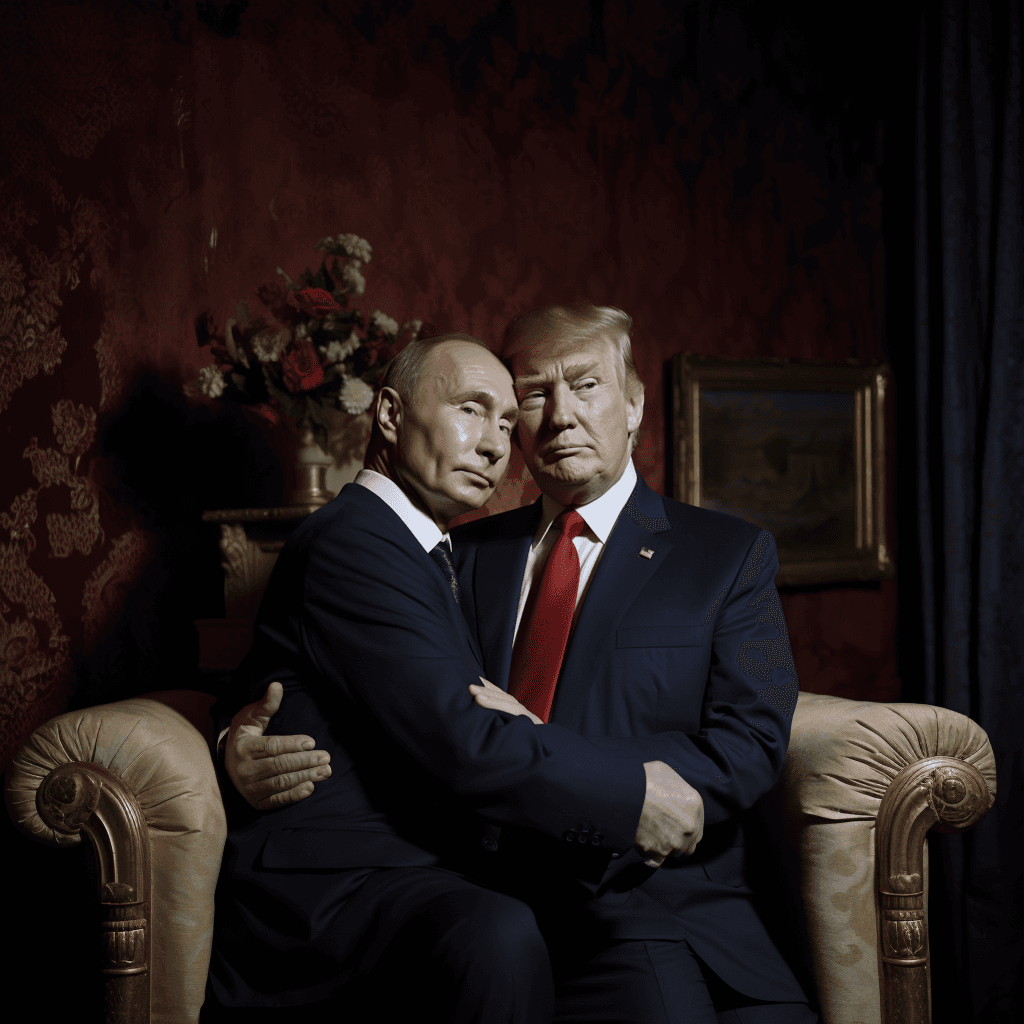 AI generated: trump loves putin, hug, kiss, realistic photo, ray tracing, perfect eyes, cozy bright room film grai...