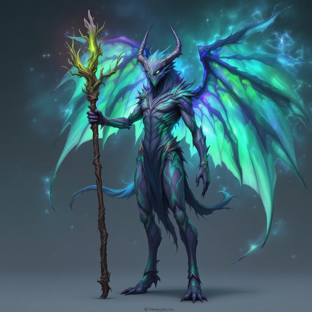 AI generated: A humanoid creature with emerald wings and scales that shimmer like a galaxy, holding a staff of liv...